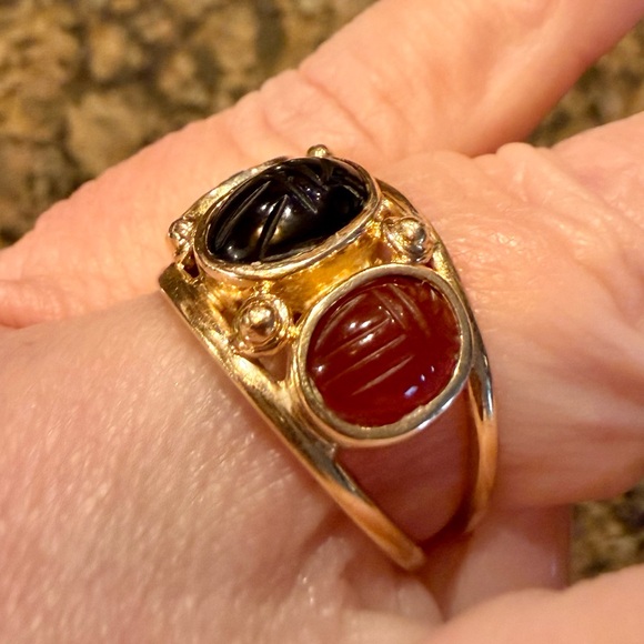 ✨ Vintage 14K Gold Egyptian Scarab Ring | Onyx, Jade & Carnelian✨ - Picture 7 of 8